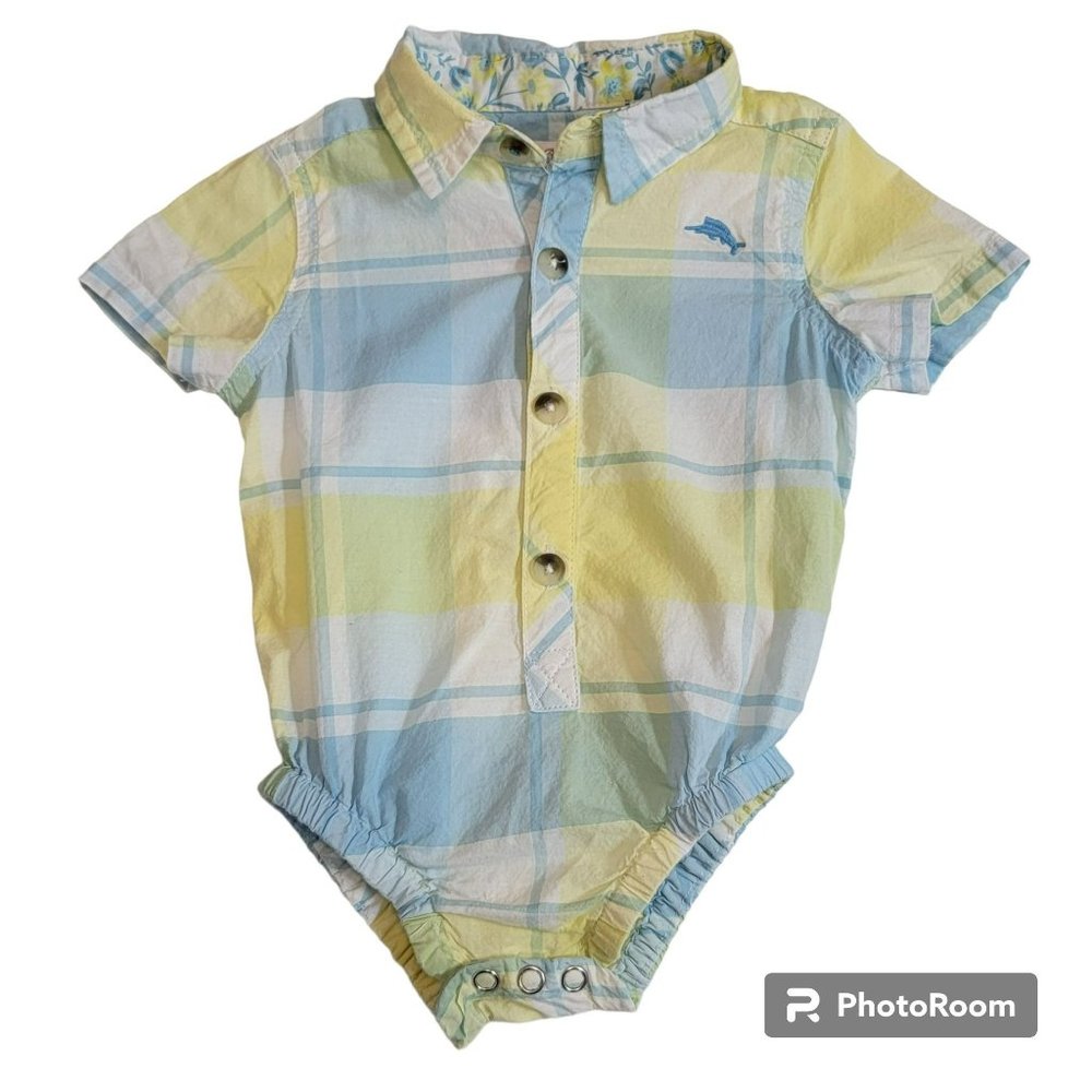 Tommy Bahama Bodysuit, Baby 0-3 MO, BLue & Yellow Stripe, Marlin Logo, EUC